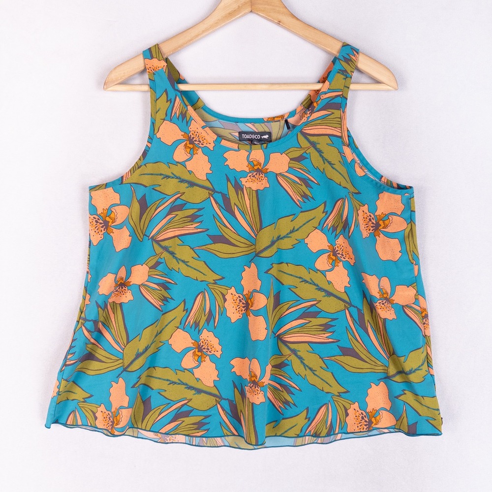 Toad&Co Womens Tank Top Medium Teal Blue Tropical Floral Print Travel Stretch